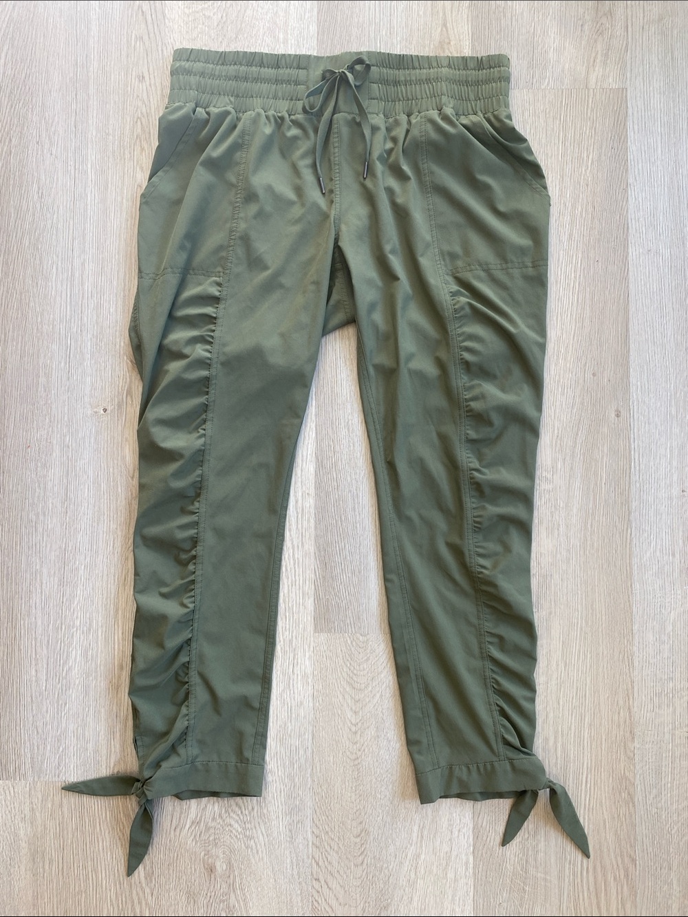 PrAna Olive Green Ruched Tie Hem Crop Pants | Stretch Travel Hiking Joggers M - Picture 2 of 11
